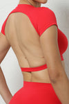 PACK264770-P3-1, Fiery Red Solid Color Short Sleeve Backless Active Crop Top