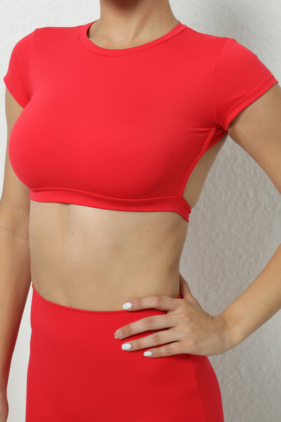 PACK264770-P3-1, Fiery Red Solid Color Short Sleeve Backless Active Crop Top