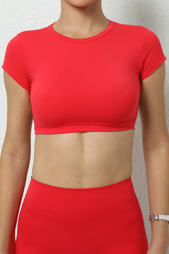 PACK264770-P3-1, Fiery Red Solid Color Short Sleeve Backless Active Crop Top