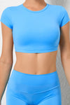 PACK264770-P205-1, Sky Blue Solid Color Short Sleeve Backless Active Crop Top