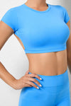 PACK264770-P205-1, Sky Blue Solid Color Short Sleeve Backless Active Crop Top