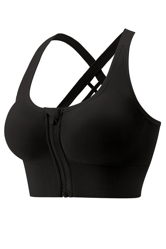 PACK264788-P2-1, Black Solid Criss Cross Zip Up Sports Bra