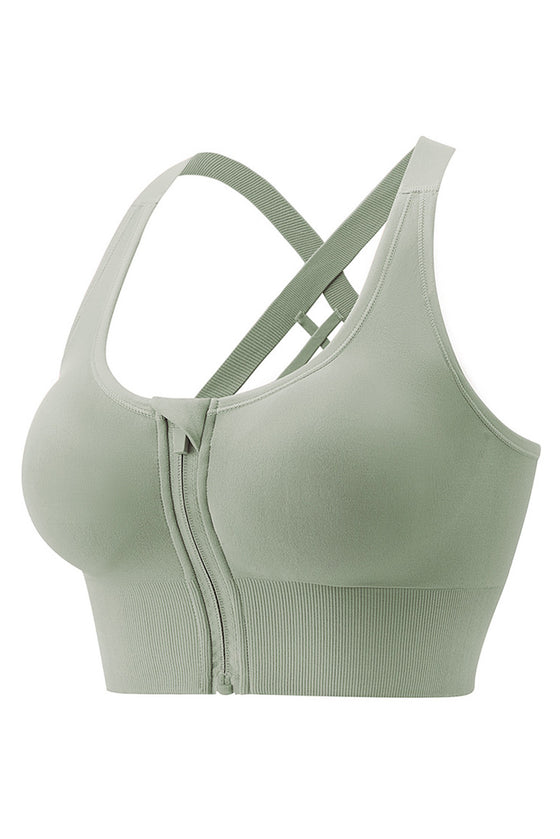 PACK264788-P1109-1, Grass Green Solid Criss Cross Zip Up Sports Bra