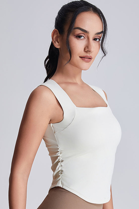 PACK264789-P1-1, White Square Neck Ruched Side Active Tank