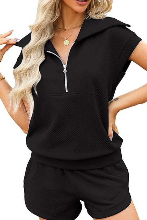 PACK15961-P2-1, Black Textured Zipped Turn-down Collar Shorts Set