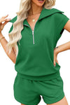 PACK15961-P109-1, Bright Green Textured Zipped Turn-down Collar Shorts Set