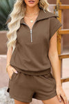 PACK15961-P1017-1, Coffee Textured Zipped Turn-down Collar Shorts Set