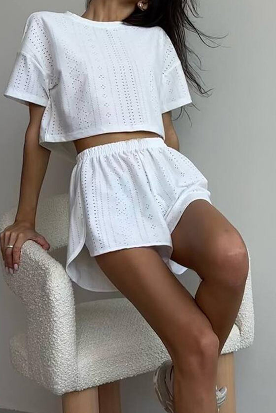 PACK626218-P1-1, White Athletic Eyelet Cropped Tee Wrapped Shorts Set