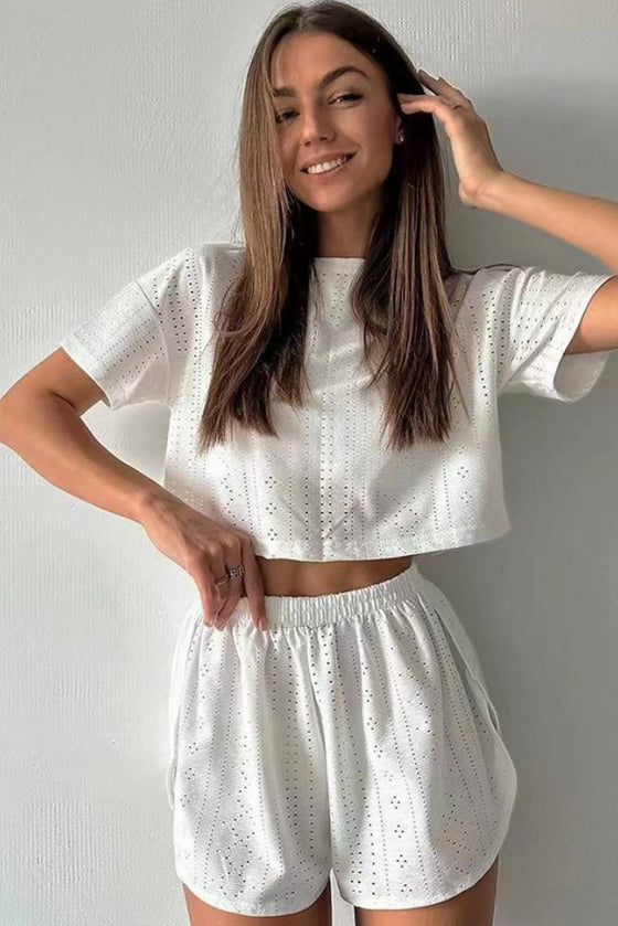 PACK626218-P1-1, White Athletic Eyelet Cropped Tee Wrapped Shorts Set