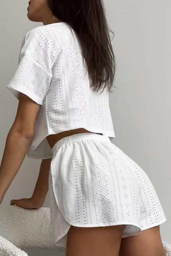PACK626218-P1-1, White Athletic Eyelet Cropped Tee Wrapped Shorts Set