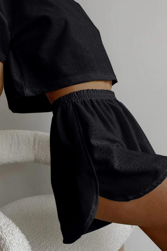 PACK626218-P2-1, Black Athletic Eyelet Cropped Tee Wrapped Shorts Set