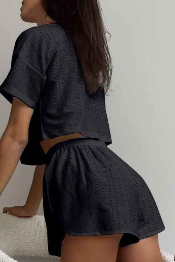 PACK626218-P2-1, Black Athletic Eyelet Cropped Tee Wrapped Shorts Set