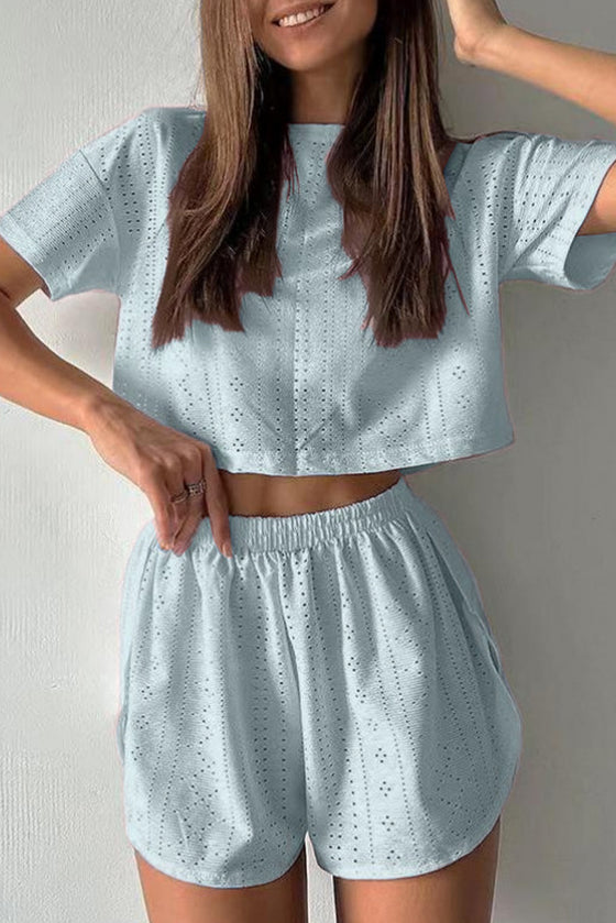 PACK626218-P804-1, Beau Blue Athletic Eyelet Cropped Tee Wrapped Shorts Set