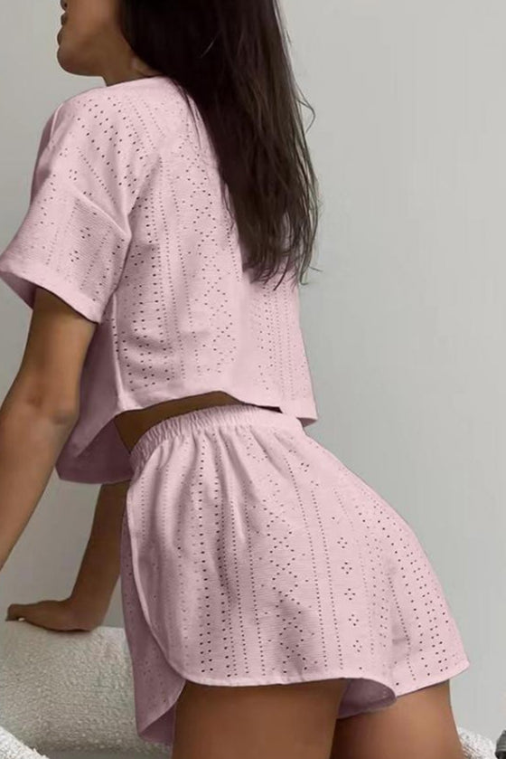 PACK626218-P1010-1, Light Pink Athletic Eyelet Cropped Tee Wrapped Shorts Set