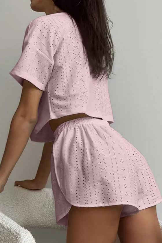 PACK626218-P1010-1, Light Pink Athletic Eyelet Cropped Tee Wrapped Shorts Set
