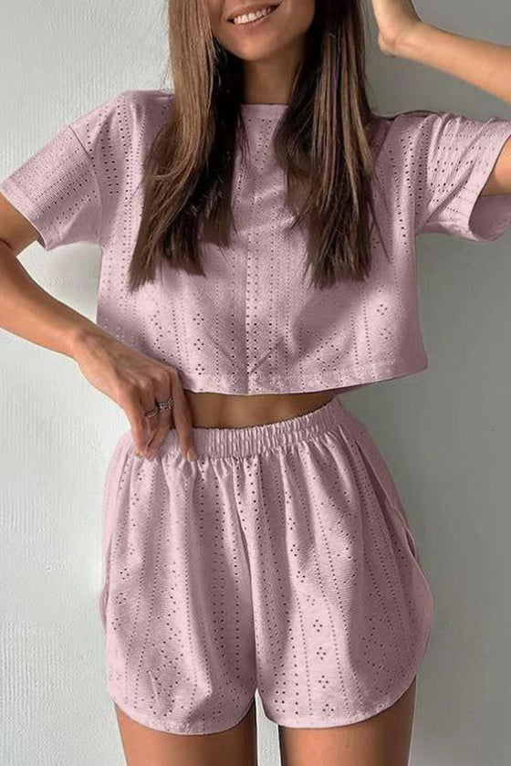 PACK626218-P1010-1, Light Pink Athletic Eyelet Cropped Tee Wrapped Shorts Set