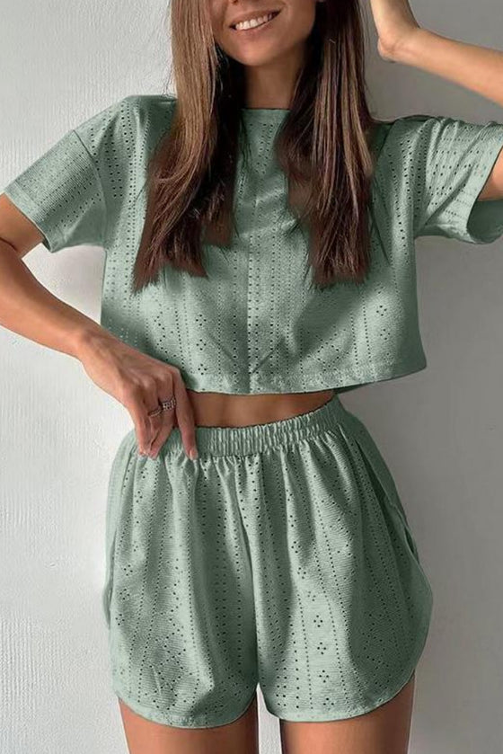 PACK626218-P2709-1, Clearly Aqua Athletic Eyelet Cropped Tee Wrapped Shorts Set