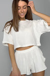 PACK15962-P1-1, White Ribbed Cropped Tee Slit Shorts Lounge Set