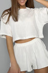 PACK15962-P1-1, White Ribbed Cropped Tee Slit Shorts Lounge Set