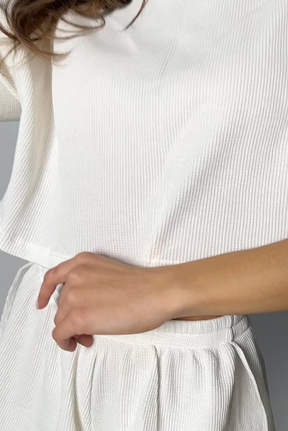 PACK15962-P1-1, White Ribbed Cropped Tee Slit Shorts Lounge Set