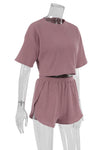 PACK15962-P5010-1, Rose Pink Ribbed Cropped Tee Slit Shorts Lounge Set