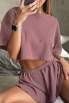 PACK15962-P5010-1, Rose Pink Ribbed Cropped Tee Slit Shorts Lounge Set