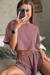 PACK15962-P5010-1, Rose Pink Ribbed Cropped Tee Slit Shorts Lounge Set