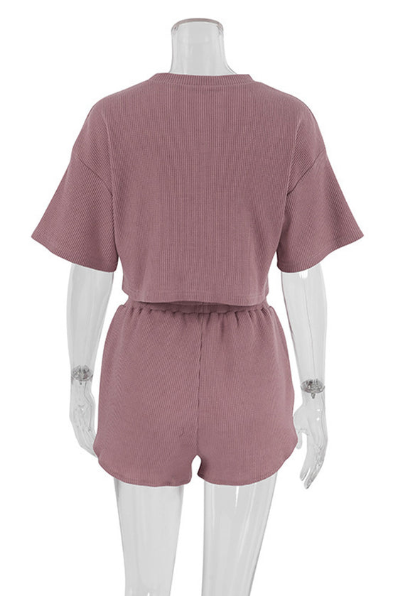 PACK15962-P5010-1, Rose Pink Ribbed Cropped Tee Slit Shorts Lounge Set