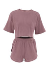 PACK15962-P5010-1, Rose Pink Ribbed Cropped Tee Slit Shorts Lounge Set