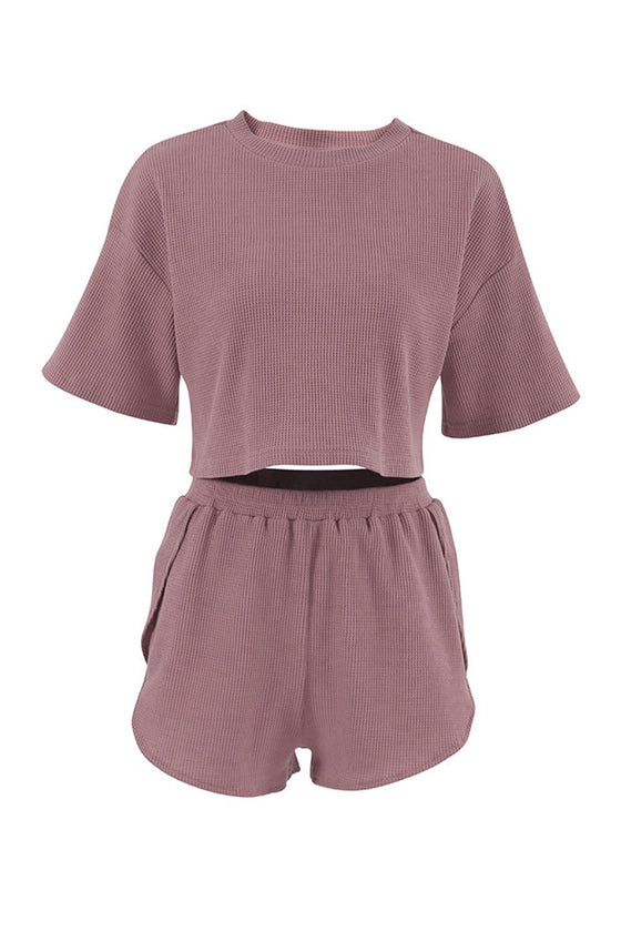 PACK15962-P5010-1, Rose Pink Ribbed Cropped Tee Slit Shorts Lounge Set