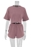 PACK15962-P5010-1, Rose Pink Ribbed Cropped Tee Slit Shorts Lounge Set