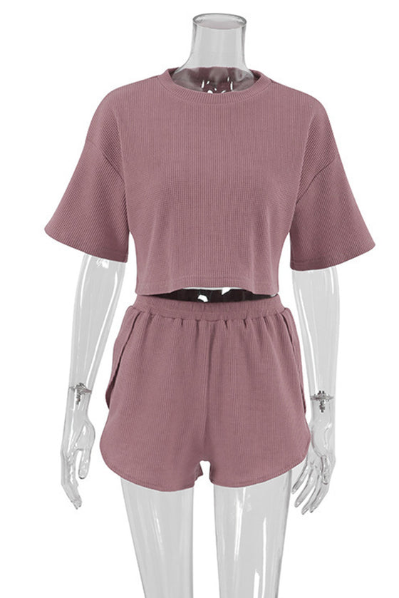 PACK15962-P5010-1, Rose Pink Ribbed Cropped Tee Slit Shorts Lounge Set