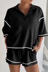 PACK15965-P2-1, Black Contrast Stitch Collared V Neck Half Sleeve Tee Shorts Set