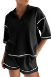 PACK15965-P2-1, Black Contrast Stitch Collared V Neck Half Sleeve Tee Shorts Set