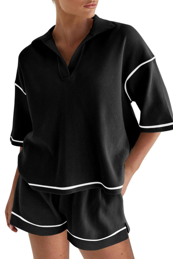 PACK15965-P2-1, Black Contrast Stitch Collared V Neck Half Sleeve Tee Shorts Set