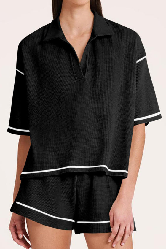PACK15965-P2-1, Black Contrast Stitch Collared V Neck Half Sleeve Tee Shorts Set