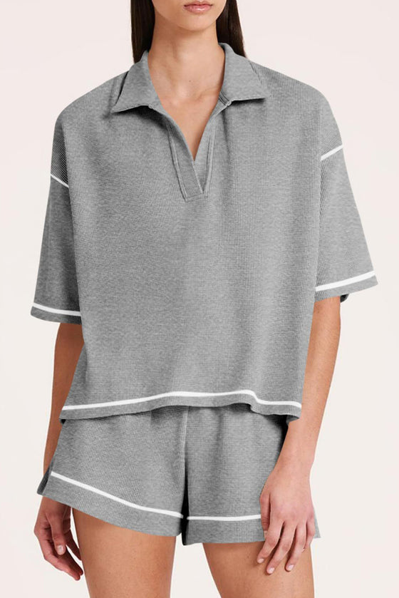 PACK15965-P11-1, Gray Contrast Stitch Collared V Neck Half Sleeve Tee Shorts Set