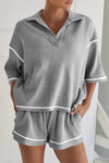 PACK15965-P11-1, Gray Contrast Stitch Collared V Neck Half Sleeve Tee Shorts Set