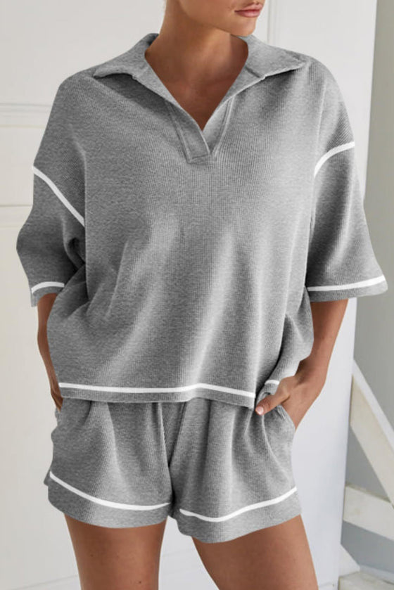 PACK15965-P11-1, Gray Contrast Stitch Collared V Neck Half Sleeve Tee Shorts Set