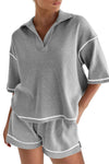 PACK15965-P11-1, Gray Contrast Stitch Collared V Neck Half Sleeve Tee Shorts Set
