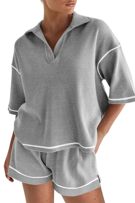 PACK15965-P11-1, Gray Contrast Stitch Collared V Neck Half Sleeve Tee Shorts Set