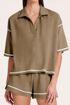 PACK15965-P17-1, Brown Contrast Stitch Collared V Neck Half Sleeve Tee Shorts Set