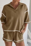 PACK15965-P17-1, Brown Contrast Stitch Collared V Neck Half Sleeve Tee Shorts Set