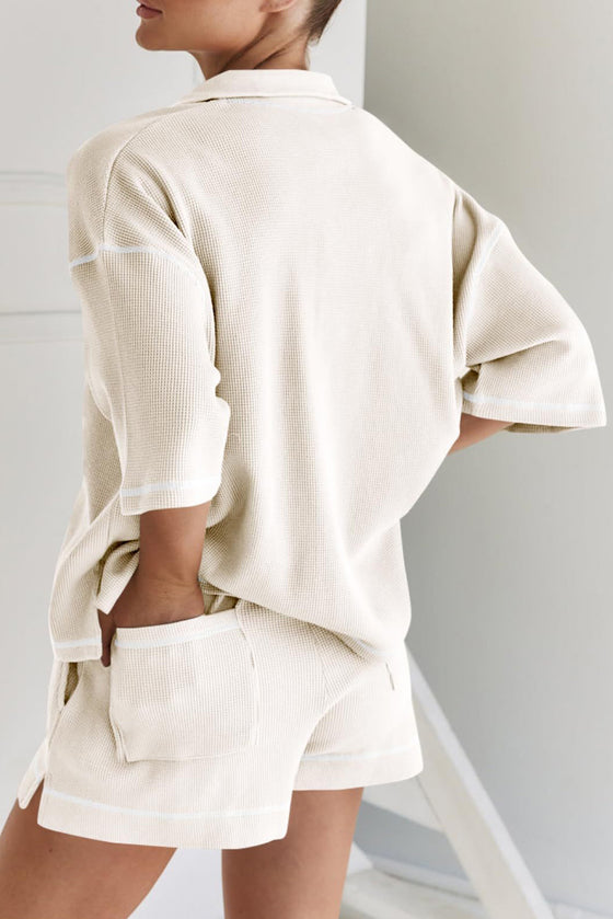 PACK15965-P18-1, Apricot Contrast Stitch Collared V Neck Half Sleeve Tee Shorts Set