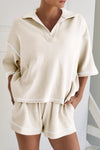 PACK15965-P18-1, Apricot Contrast Stitch Collared V Neck Half Sleeve Tee Shorts Set