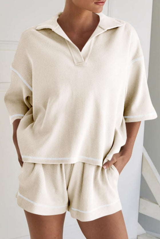 PACK15965-P18-1, Apricot Contrast Stitch Collared V Neck Half Sleeve Tee Shorts Set