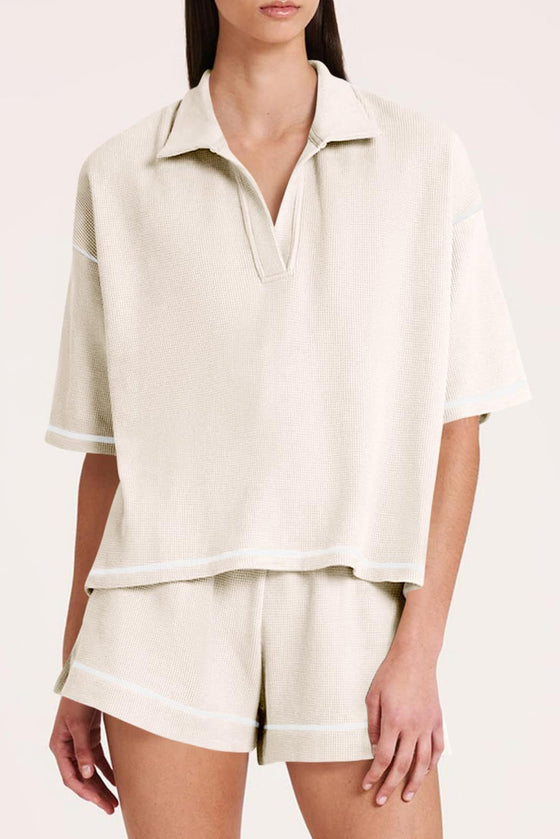 PACK15965-P18-1, Apricot Contrast Stitch Collared V Neck Half Sleeve Tee Shorts Set