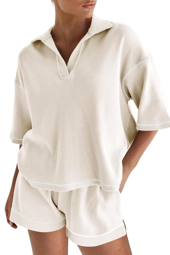 PACK15965-P18-1, Apricot Contrast Stitch Collared V Neck Half Sleeve Tee Shorts Set