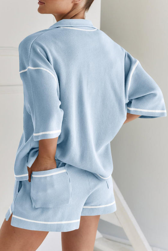 PACK15965-P804-1, Beau Blue Contrast Stitch Collared V Neck Half Sleeve Tee Shorts Set