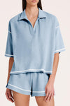 PACK15965-P804-1, Beau Blue Contrast Stitch Collared V Neck Half Sleeve Tee Shorts Set